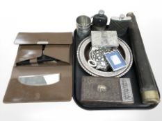 A 19th century brass and leather telescope, an Indian mother of pearl inlaid dish, two hip flasks,
