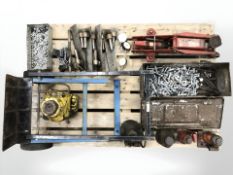 A pallet of hard ware and tools including jack, sack barrow, assorted nuts and bolts,