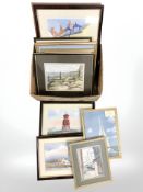 A quantity of pictures and prints, Derek Talbot, oil on longboard depicting a sailboat,