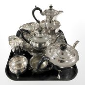 An EPNS four piece tea service, further teapot, sugar and milk jug and a serving tray.
