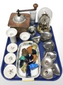 A coffee grinder, German anniversary clock under dome, Royal Copenhagen ceramics,