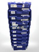 Ten plastic stackable storage boxes with folding lids,