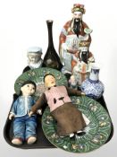 A group of Chinese exports figures, pair of enamelled dishes, dolls,