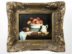 Contemporary Continental School : Still life of peaches in a bowl, oil on panel, 19 cm x 24 cm,