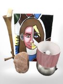 A wall canvas, turned wooden candle stand,