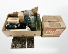 A Eumig projector together with a group of digital radios, three Robert Olley plaques,