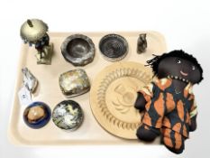 A group of collectables including carved wooden mould, doll,