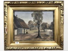 Danish School : Trees by thatched cottages, oil on canvas, 39 cm x 29 cm.