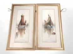 V Simpson : Sailboats in calm waters, a pair of watercolours, each 43 cm x 16 cm.