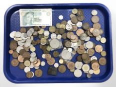A group of British pre-decimal and other world coins, South African banknote, two crowns, etc.