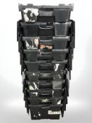 Ten plastic stackable storage boxes with folding lids,