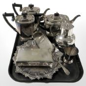 A EPNS three piece tea service, together with a tray, crum scoop, cigarette box and other items.