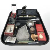A tray of lady's mesh purse, pipe, safety razor, figures, costume watches,