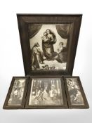 An antiquarian religious monochrome triptych print, plus a further print in oak frame,