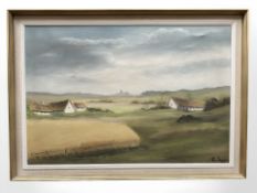 P Danby : Thatched buildings in farmland, oil on canvas, 93 cm x 63 cm.