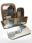 Three 1970's teak framed mirrors and an Art Deco un-framed mirror,