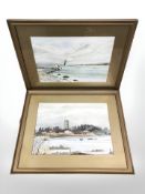 20th century school : The wreck of a fishing boat against a stone jetty, watercolour,