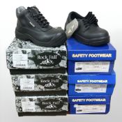 Six pairs of work boots / safety boots, sizes 5 and 3.