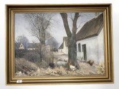 Bertel Nielsen : Chickens by a white cottage, oil on canvas, 69 cm x 49 cm.