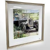 A watercolour drawing depicting two figures driving a classic car, 37 cm x 38 cm.