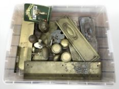 A group of antique copper and brass door furniture,