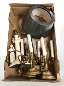 A pair of brass lamp bases with toleware shades and a further figural lamp base (1 box)