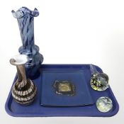 Two Art Glass swirl vases, bird paperweight,