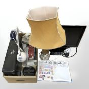 Miscellaneous items including onyx lamp base, a Samsung LCD TV, a metal cash tin with key,