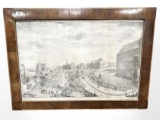 A 19th century monochrome engraving, depicting military figures in a town square, 71 cm x 48 cm.