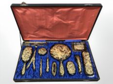 An Oriental export faux tortoiseshell dressing table set in fitted box