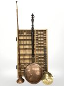 A printer's type tray, copper bed warming pan,