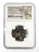 An ancient Parthian Tetradrachm coin, Vologases V, circa AD 191-208,