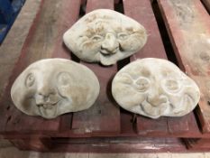 A group of garden ornaments - cherub, cherub's face, lady's face, Lion mask, happy faces,