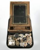 A Victorian burr walnut writing slope, together with a group of pre-decimal coins, magnifying glass,