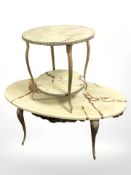 A painted metal and onyx oval coffee table, width 94 cm, and similar two tier occasional table.