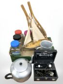 A pond yacht, pair of snow shoes, glass storage jars, wooden gavel, aluminium coffee pot,