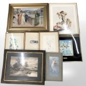 A group of pictures and prints, 19th century monochrome engraving etc,