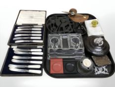 A group of desk stands, table lighter, French cast iron kettle stand,