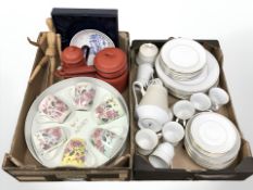 A group of enamelled kitchen wares, boxed set of six Aynsley mugs,