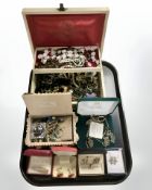 A tray of contemporary jewellery boxes and their contents comprising bead necklaces, earrings,
