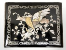 An early 20th century Japanese shibayama lacquer postcard album with inner inscription dated August