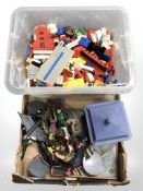 A quantity of LEGO, figurines including Doctor Who and Brio wooden trains and track.