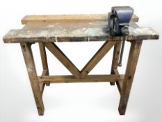 A vintage pine work bench fitted with Record No.