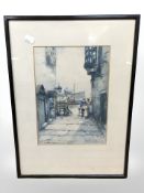 Victor Noble Rainbird (1887-1936) Figures in a stone paved street with boats beyond, watercolour,