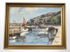 S Andersen : Boats in a harbour, oil on canvas, 66 cm x 48 cm.