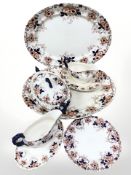 Eight pieces of antique kendal Imari dinner china including two large meat plates,