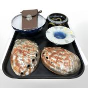 Two polished abalone shells, Burleigh ware art deco bowl,