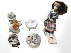 A group of ceramics including Victorian paste pot & lid, Victorian figure of a man feeding a chilld,