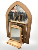 A large arched pine framed mirror, height 122 cm,