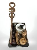 An African style carved tribal mask, lidded wooden boxes, animal ornaments,